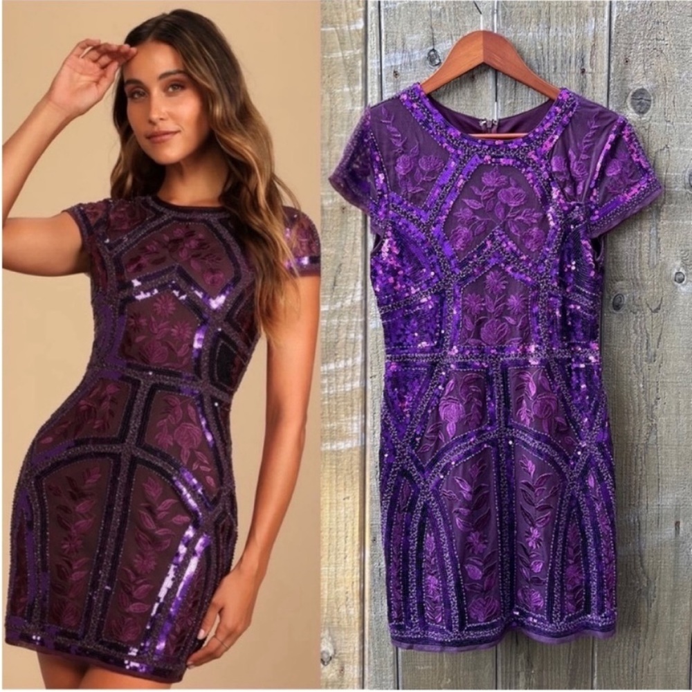 Plum Purple Art Deco Sequins Bodycon Dress 🌿